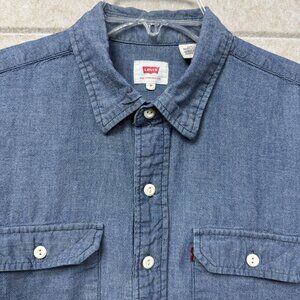 Levis Chambray Blue Denim Button-Up Shirt Two Chest Pockets & Long Sleeves M